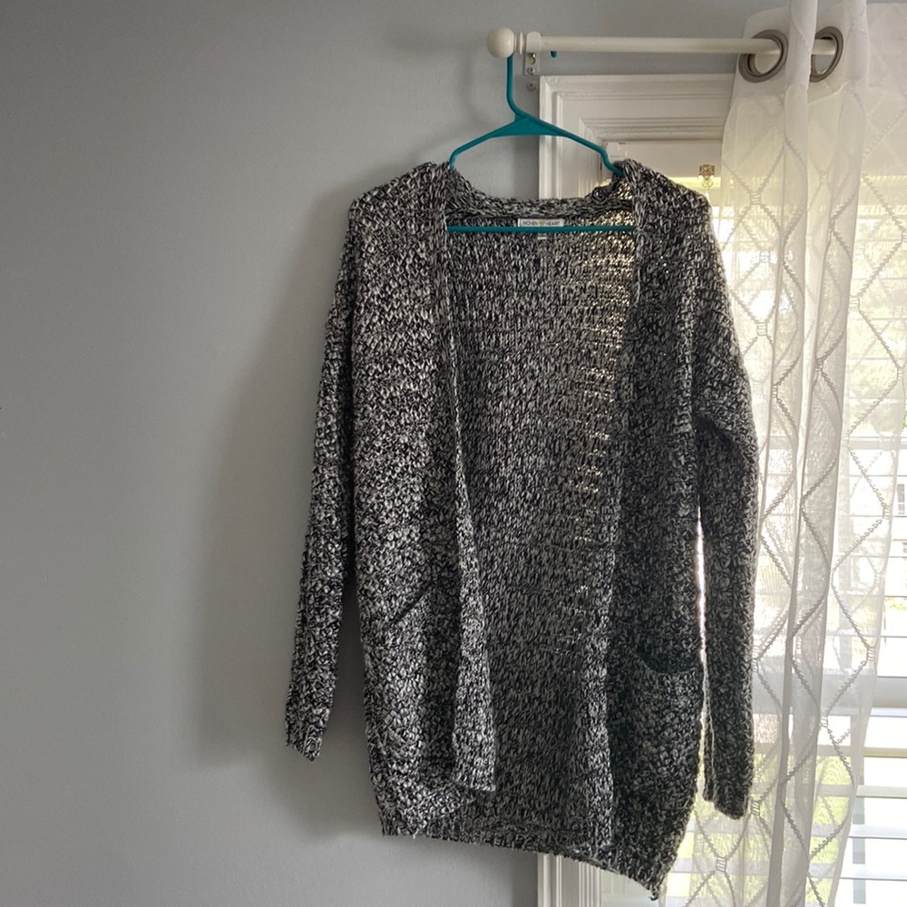 Grey, white, and black knit cardigan. Brand: Woven Heart